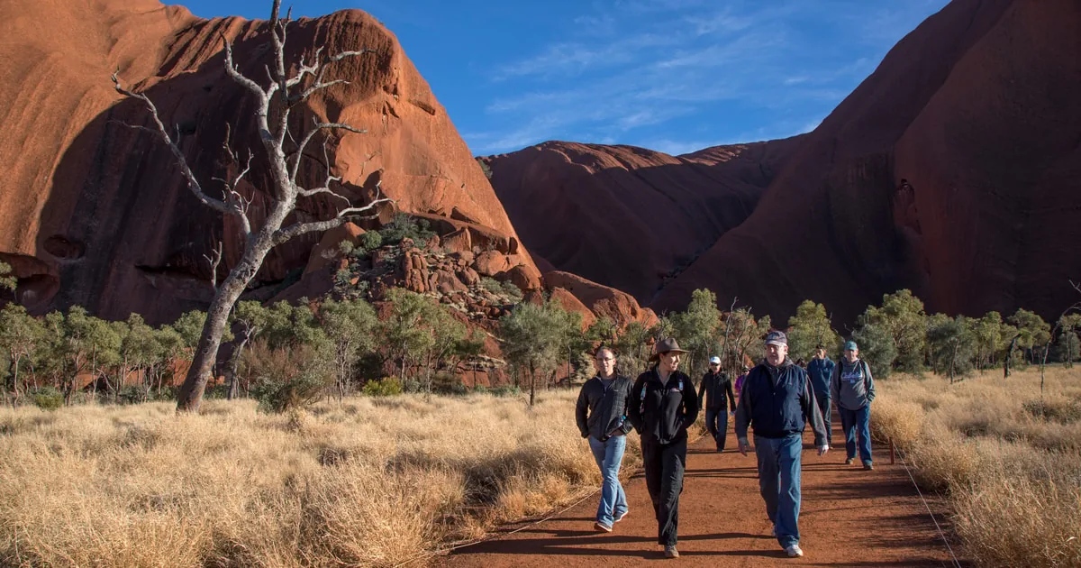 Un piccolo gruppo che cammina tra gli alberi su un sentiero rosso sotto l'alta parete di Uluru